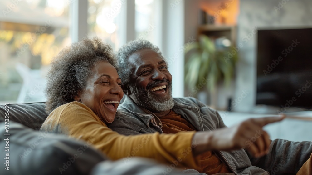 Various couples watch TV Pointing and laughing in a sunny living room. Various couples watch TV Pointing and laughing in a sunny living room.