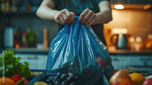 An individual throwing away a trash bag in the kitchen's trash bin.