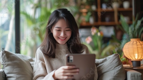 A beautiful business Asian young woman wears casual clothing and uses her mobile phone to shop online and to access social media. Small Business Startup. Online banking. photo