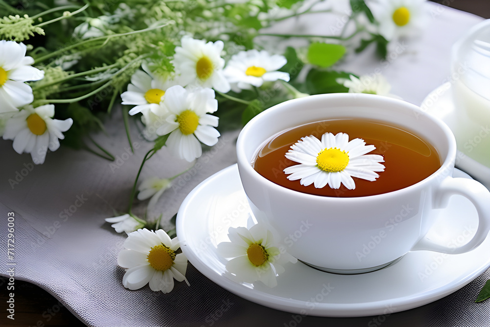 Peaceful Blend: Chamomile Flowers and the True Taste of the White Cup, Chamomile Tea generative ai Peaceful Blend: Chamomile Flowers and the True Taste of the White Cup, Chamomile Tea generative ai
