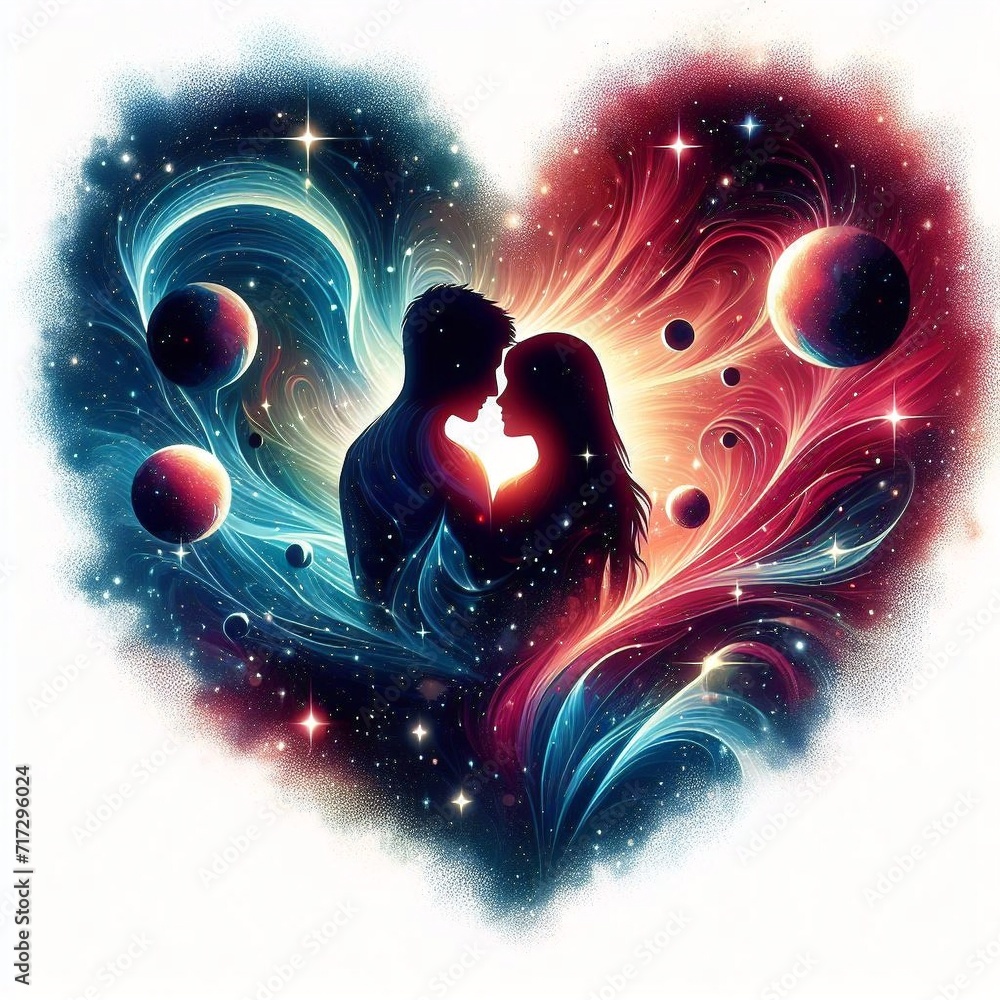 Silhouette of a loving couple in space with stars. Couple in love on ...