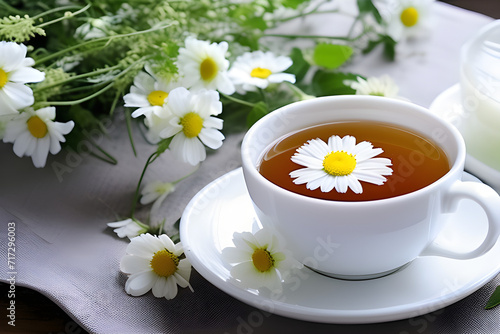 Peaceful Blend: Chamomile Flowers and the True Taste of the White Cup, Chamomile Tea generative ai
