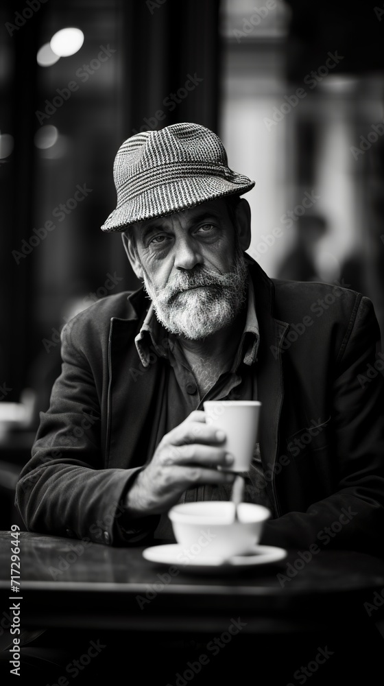 A timeless black and white image of a middle aged man sitting in a Parisian cafe drinking a cup of coffee. Man enjoying a coffee in Paris.