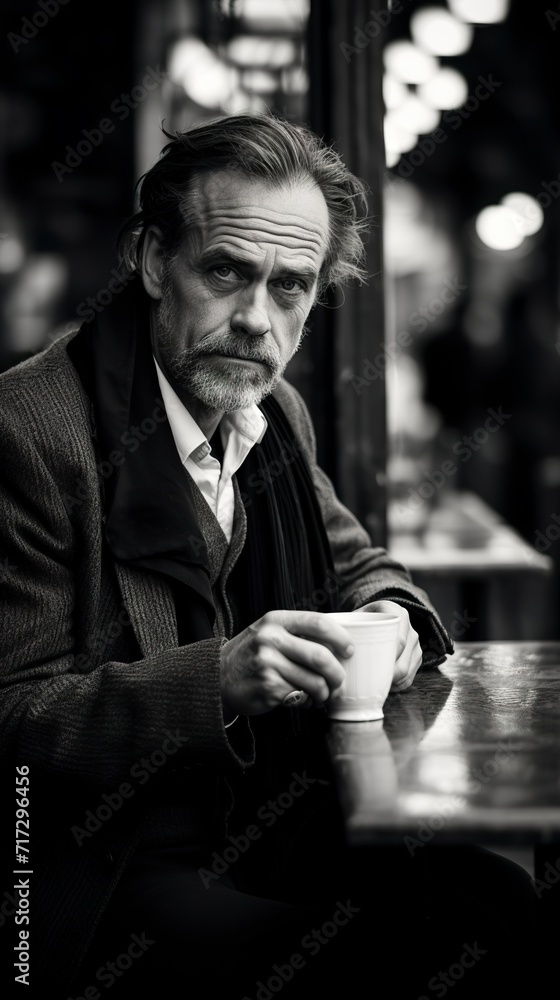 A timeless black and white image of a middle aged man sitting in a Parisian cafe drinking a cup of coffee. Man enjoying a coffee in Paris. A timeless black and white image of a middle aged man sitting in a Parisian cafe drinking a cup of coffee. Man enjoying a coffee in Paris.