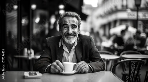 A timeless black and white image of a middle aged man sitting in a Parisian cafe drinking a cup of coffee. Man enjoying a coffee in Paris. photo