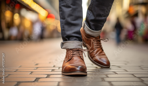 close-up shot capturing the shoes of a person walking down the street - city trip travel adventure promotion ad asset illustration