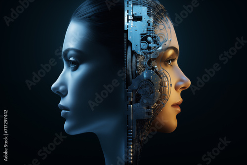 A split image between a human woman and ai robot girl. Depicting the future of a digital world.  