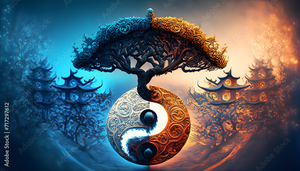 Illustration of Ying yang of balance Yggdrasil tree of life Norse mythology. Balance concept. Generative Ai. - obrazy, fototapety, plakaty 