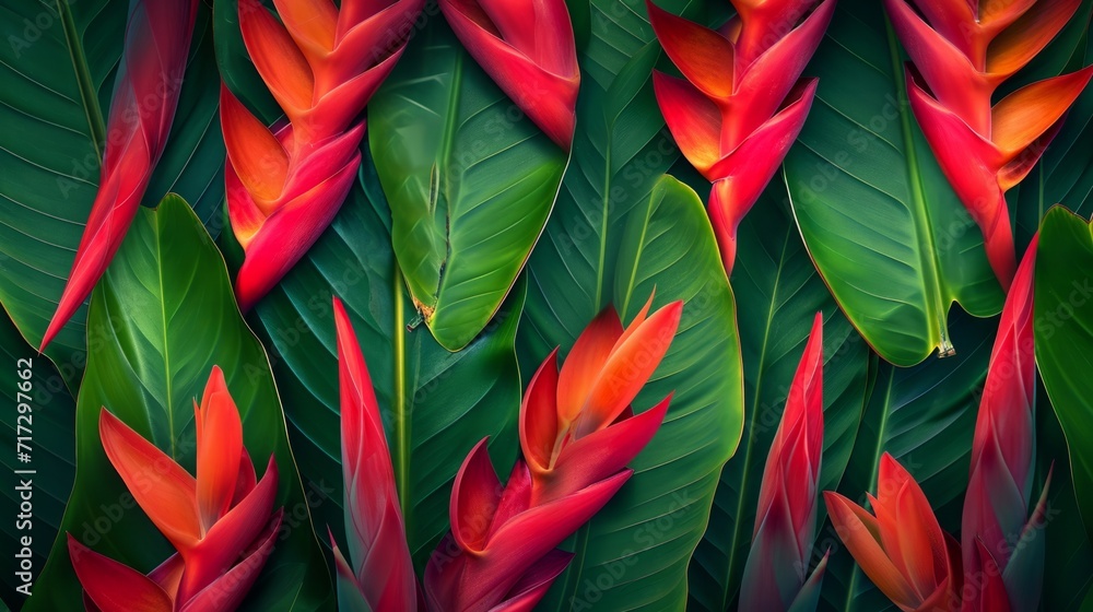 Tropical heliconia flowers with bold reds and greens generative ai Tropical heliconia flowers with bold reds and greens generative ai