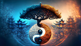 Illustration of Ying yang of balance Yggdrasil tree of life Norse mythology. Balance concept. Generative Ai.