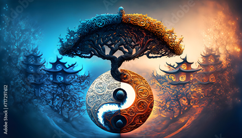 Illustration of Ying yang of balance Yggdrasil tree of life Norse mythology. Balance concept. Generative Ai. photo