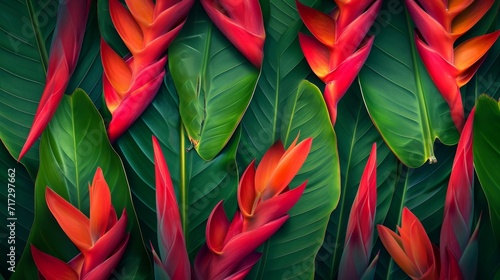 Tropical heliconia flowers with bold reds and greens generative ai