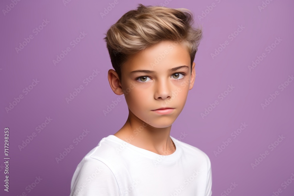 Portrait of beautiful young woman with short hairstyle on violet background Portrait of beautiful young woman with short hairstyle on violet background