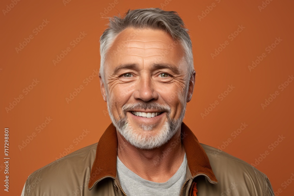Portrait of smiling senior man with grey beard and mustache. Isolated on orange background. Portrait of smiling senior man with grey beard and mustache. Isolated on orange background.