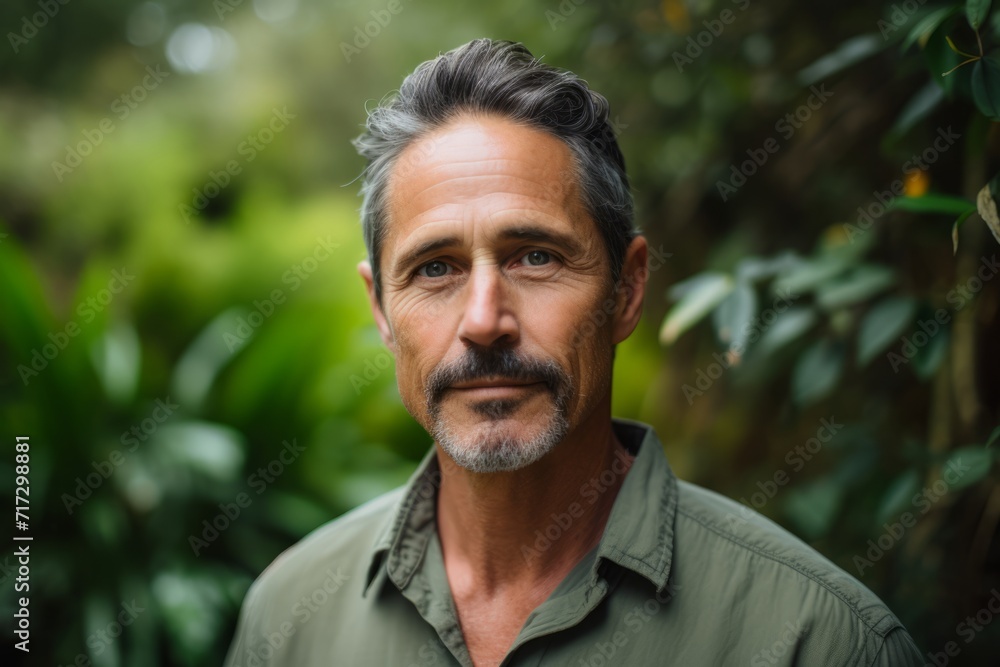 Portrait of a handsome mature man with gray hair in the garden Portrait of a handsome mature man with gray hair in the garden