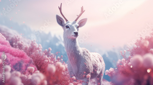 Outdoor dream setting with a white fawn in a landscape of beige and pink hues, bathed in ethereal light, with snowy mountains in the backdrop
