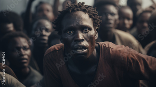  Drama humanitario dWorried faces of a group of black immigrant refugees from the third world, survivors facing social integration issues. Migration challenges at the bordere desplazados migrantes