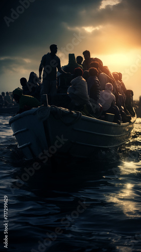 Silhouetted individuals on a boat at sea, illuminated by the golden hues of sunset, conveying a journey amidst tranquil waters. African immigrant refugees in patera photo