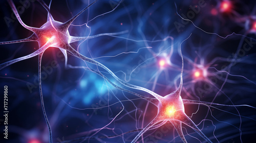 Close-up of blue neural networks, with synapses transmitting information within a brain. Neuroscience: neurology and science