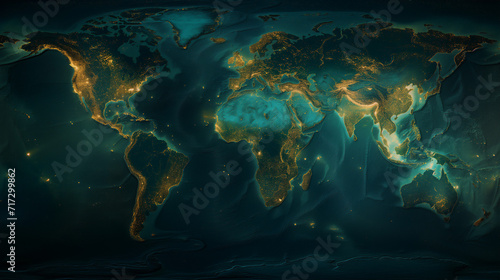 A night view of Earth from space, highlighting illuminated cities and populated areas, surrounded by the dark blue oceans and seas