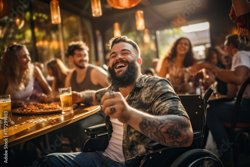 Young man in a wheelchair celebrating St. Patrick's Day in a bar. Generative AI. photo