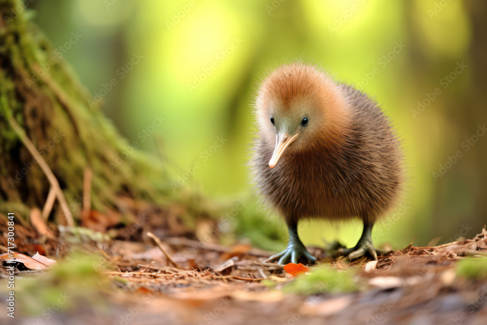 Fluffy Young Chick, Adorable and Cute, on Green Grass Background in Nature