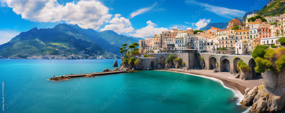 A panoramic view of a picturesque Mediterranean town, with elegant buildings perched along a curving shoreline, overlooking the tranquil turquoise sea
