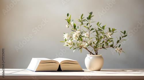 Book on a table with a plant near by