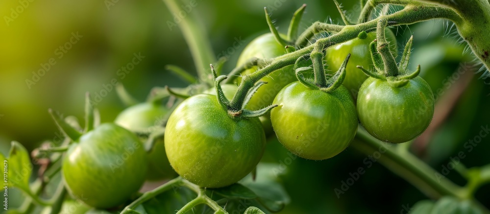 Macro close-up of green, unripe tomatoes on a garden farm branch. Macro close-up of green, unripe tomatoes on a garden farm branch.