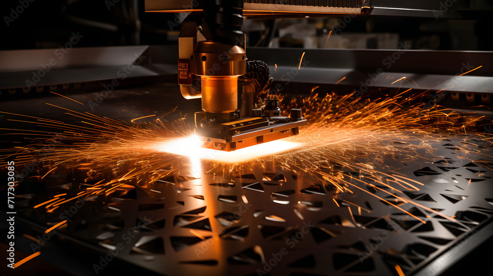 Precision Laser Cutting Technology in Action Description: An industrial laser cutter etches a design into metal with high precision amidst a shower of sparks