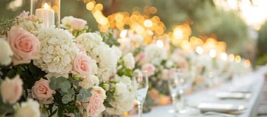 The wedding banquet in the olive grove corner table is adorned with roses and hydrangeas, creating a light and elegant ambiance in white and pink hues.