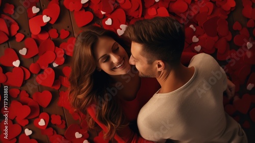 Couple surrounded by red hearts celebrating romantic moment. Valentine's Day.