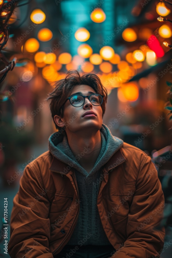 the man is wearing glasses, in the style of luminous and dreamlike scenes the man is wearing glasses, in the style of luminous and dreamlike scenes