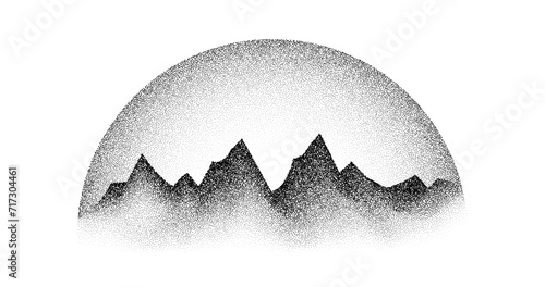 Grain stippled mountain range. Dotted landscape terrain silhouette. Black white grainy hill chain. Grunge noise textured background. Pointillism texture wallpaper. Vector grey dot work illustration