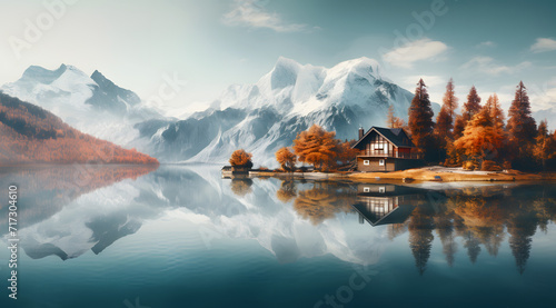 Mountains Lake House sits on a lake with mountains in the background. The house is surrounded by trees and the lake is calm and peaceful © MAJGraphics