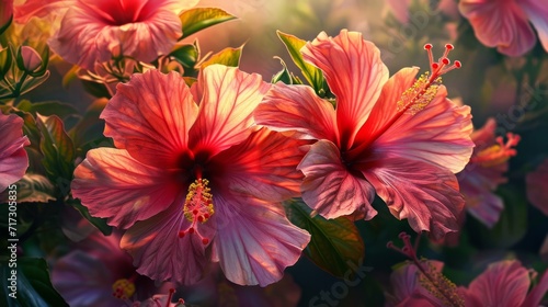 Vivid hibiscus flowers in a tropical garden, generative ai