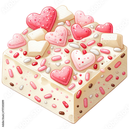 Valentine White Chocolate Bark with Hearts, Watercolor Sweet Dessert, Isolated on Transparent Background. Generative AI