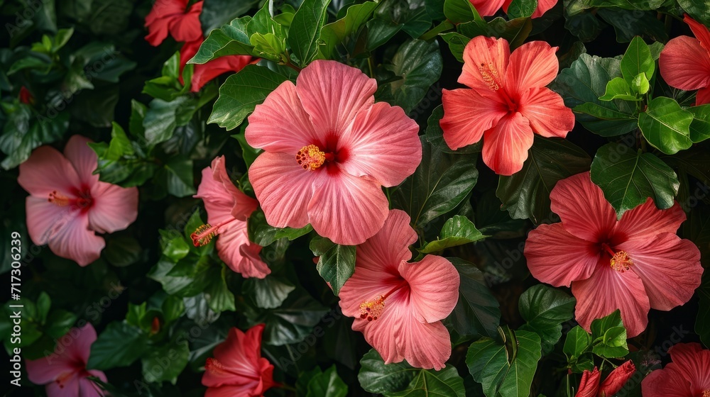 Vivid hibiscus flowers in a tropical garden, generative ai Vivid hibiscus flowers in a tropical garden, generative ai