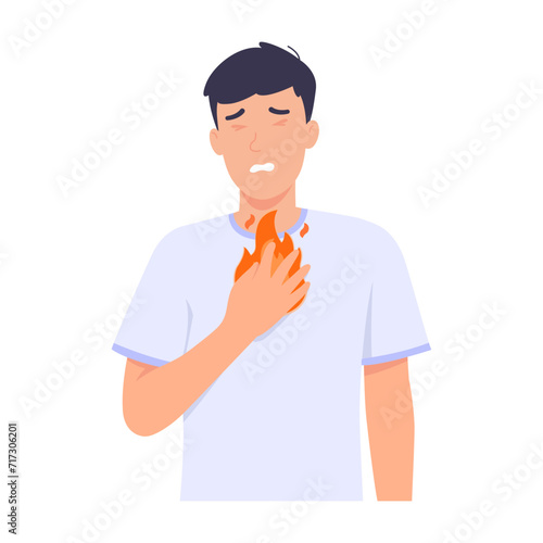 Male patient with symptoms of a burning sensation in the chest.
Warning signs of acid reflux include pain, tightness, and colic. When burping, it has a sour odor. Isolated on white background.  
