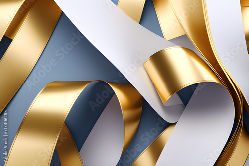 Elegant Fashion Aesthetics: 3D renderings of abstract fashion backgrounds folded in gold ribbons, paper striped macros, ornate gold leaf scrolls generative ai