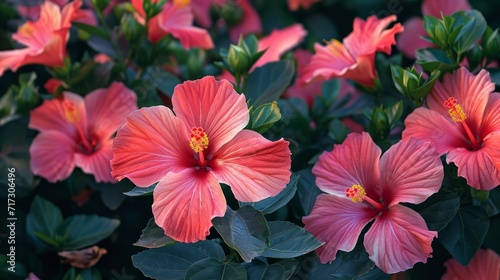 Vivid hibiscus flowers in a tropical garden, generative ai © ThisDesign