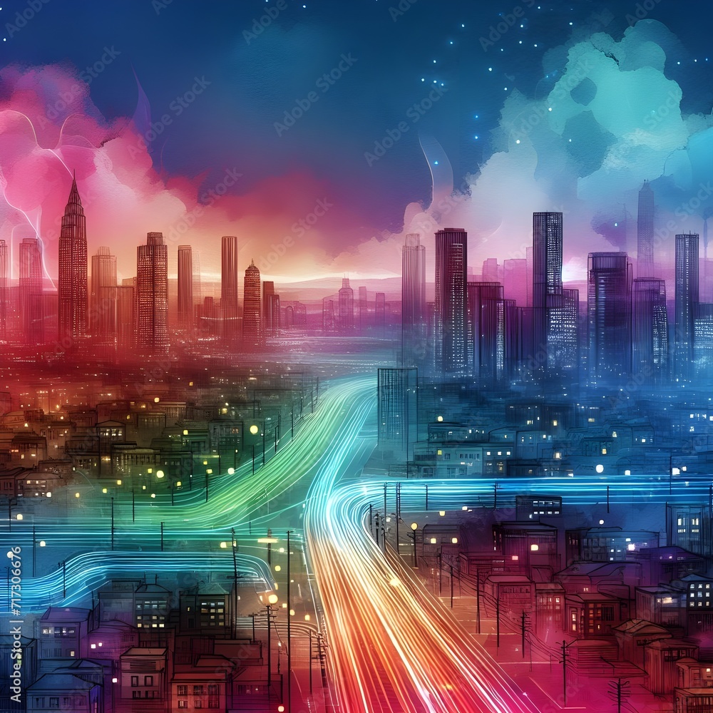 Futuristic night city. Cityscape on a dark background with bright and glowing neon purple and blue lights. Wide highway front view. Cyberpunk and retro watercolor style illustration.