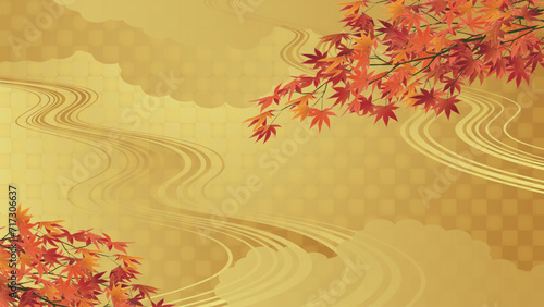 日本風の背景。秋のモミジとエ霞と金色の背景のベクターイラスト