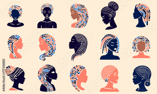 afro braids and hairstyles Vector of diversity, set of editable stroke Art	
