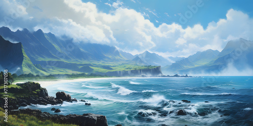 An artful tranquil seascape with gentle waves meeting a rugged coastline against a backdrop of soft dawn light