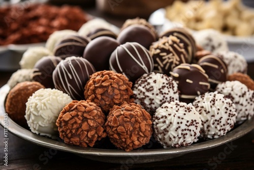 Variety of chocolate balls in different flavors, delectable, creamy, velvety, and true-to-life. Generative AI