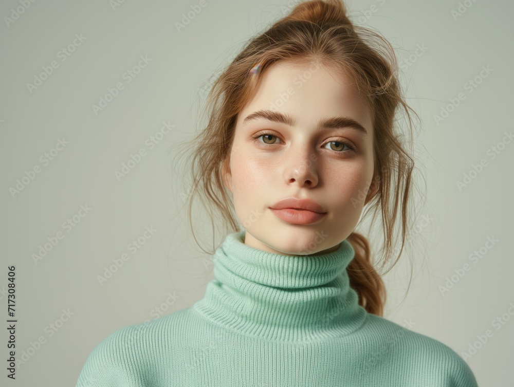 Portrait of a Serene Young Woman in Soft Pastel Turtleneck. Generative AI. Portrait of a Serene Young Woman in Soft Pastel Turtleneck. Generative AI.