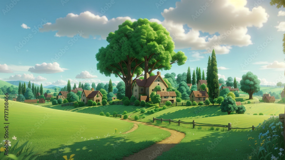 3D Animation Style a small village surrounded by beautiful