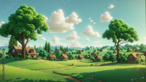 3D Animation Style a small village surrounded by beautiful