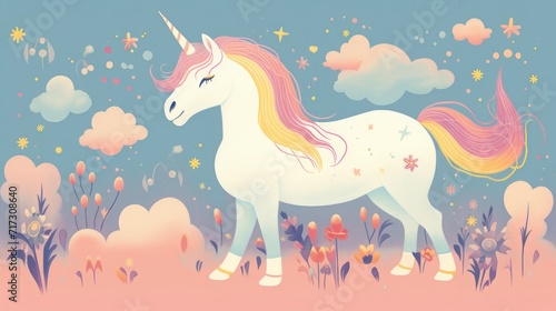entire unicorn  full shot  risograph  riso print style  unicorn  cute  pastel colours  children   s illutration